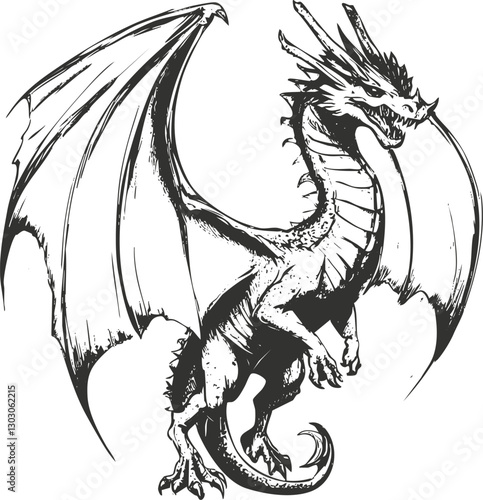 Black and white illustration of a fierce dragon with wings spread.