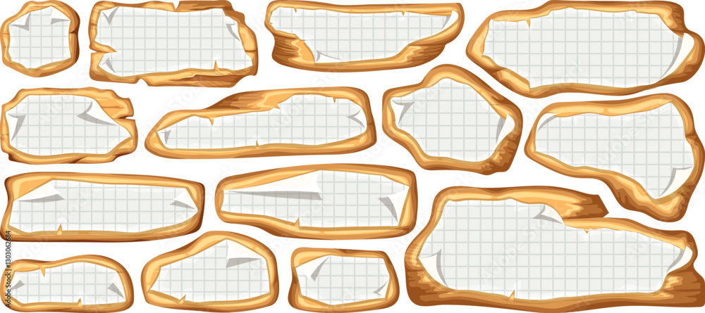 Obraz premium Wooden brown boards with old paper. Set vintage blank invitations, maps. Vector 3d elements for messages, banners, applications, notebooks, mobile games.