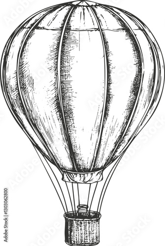 Vintage sketch of a hot air balloon with basket in monochrome.