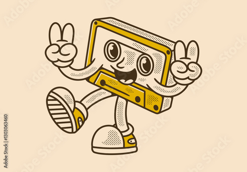 Tape cassette mascot character in happy expression, hands forming peace symbol. in retro look