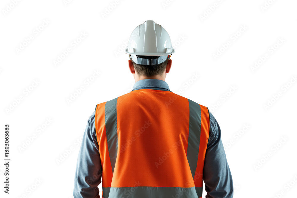 Fototapeta premium Construction worker in safety vest and helmet, realistic style, on white background. Concept of safety. Ai generative