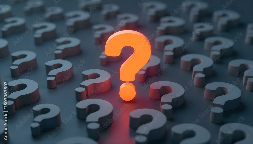 Una representación 3D de una multitud de signos de interrogación grises, con un signo de interrogación naranja resaltando en el centro, sobre un fondo gris oscuro Una representación 3D de una multitud de signos de interrogación grises, con un signo de interrogación naranja resaltando en el centro, sobre un fondo gris oscuro