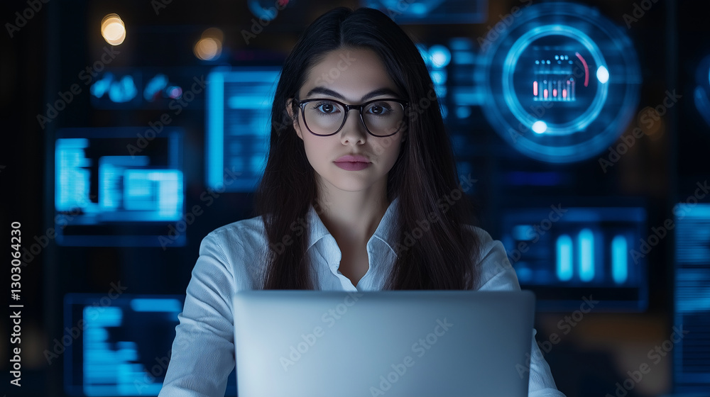 A confident woman in a technology-driven workspace oversees risk management protocols on her laptop. Infographics on data protection and ISO 27001 best practices appear in the back A confident woman in a technology-driven workspace oversees risk management protocols on her laptop. Infographics on data protection and ISO 27001 best practices appear in the back