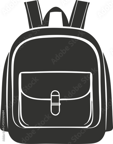 Black backpack illustration with front pocket on white background.