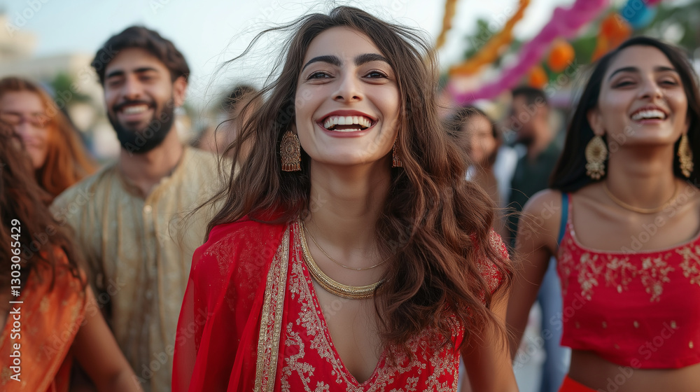 Obraz premium A group of multiethnic friends, dressed in Indian attire, joyfully walk through a beautifully decorated street, celebrating with positive energy and laughter.