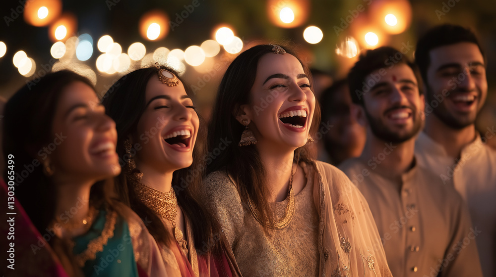 People of all ages, dressed in traditional Indian clothing, stand together under hanging lanterns, laughing and enjoying the bond of community. People of all ages, dressed in traditional Indian clothing, stand together under hanging lanterns, laughing and enjoying the bond of community.
