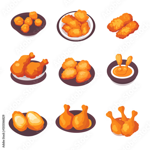 Assorted Fried Chicken and Appetizers on Plates in Isometric View