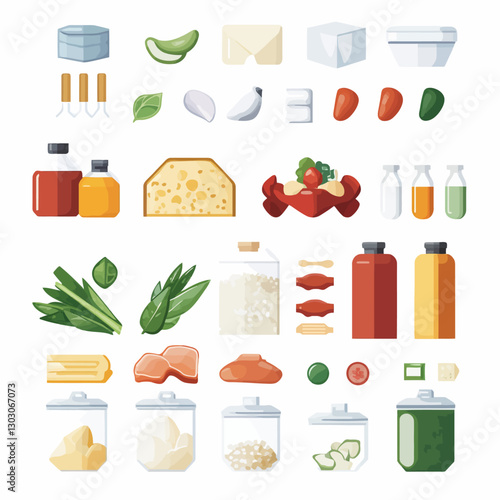 Colorful flat lay of various food ingredients on a white background