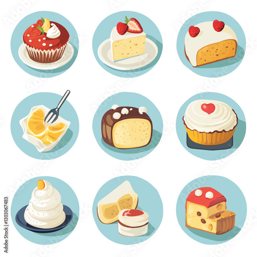 Assorted Cakes and Desserts with Strawberry and Lemon on Light Blue