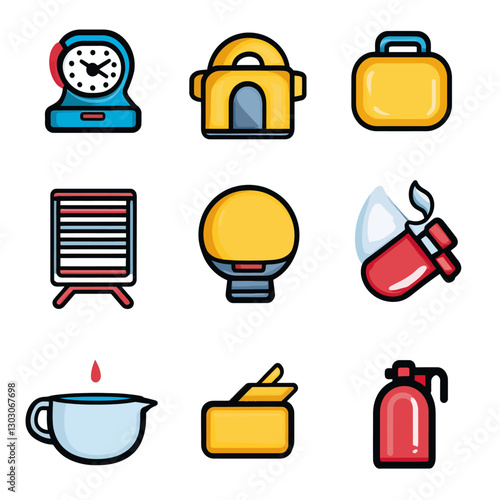 Icon set with retro clock, camping lantern, vintage heater and more