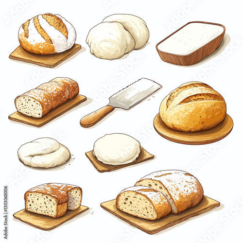 Assortment of Fresh Artisan Breads and Dough on Wooden Boards