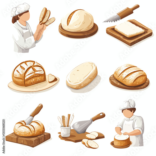 Chef baking bread illustration, loafs, wooden boards, food, chef hat