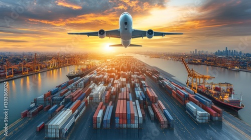 Wallpaper Mural Airplane taking off over cargo containers at sunset. Torontodigital.ca