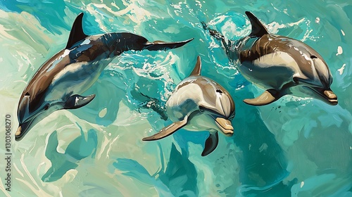 Three Dolphins Playfully Swimming in Turquoise Ocean