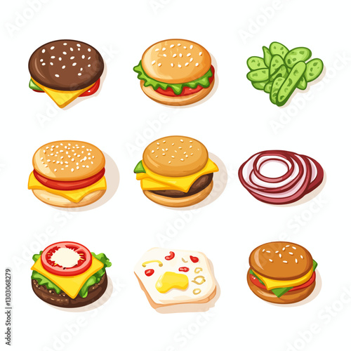 Burger Ingredients and Preparation Elements Displayed on a White Backdrop