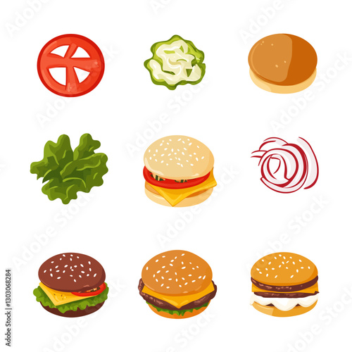 Burger ingredients arranged on a white backdrop in a vector illustration