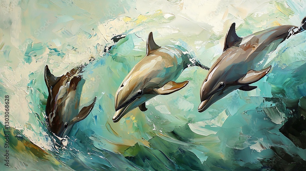 Obraz premium Three Dolphins Leap Through Ocean Waves