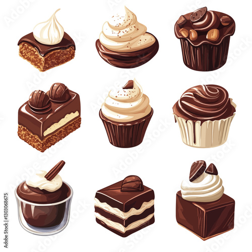 Assorted Chocolate Desserts Displayed in a Grid Formation, Isolated on White