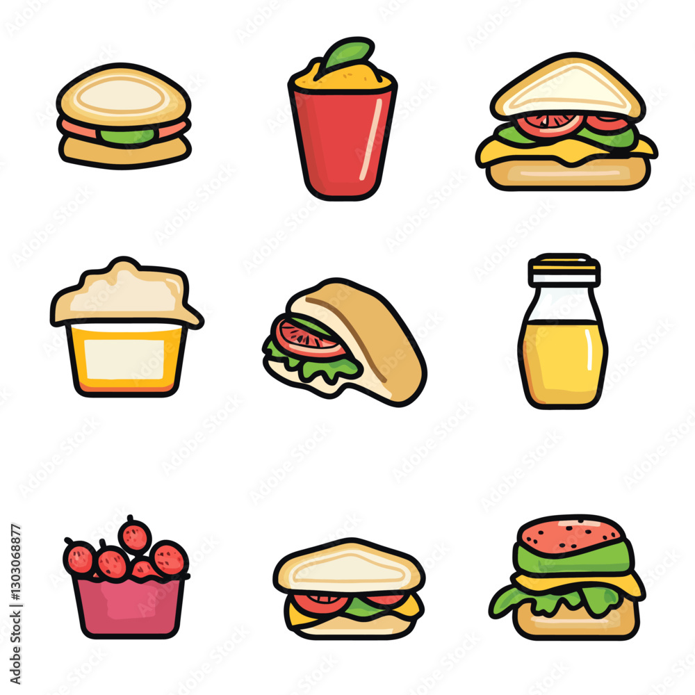 Assorted Cartoon Fast Food Icons: Burger, Sandwich, Smoothie, and More Assorted Cartoon Fast Food Icons: Burger, Sandwich, Smoothie, and More