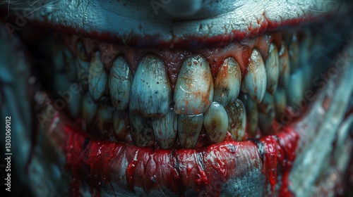 A terrifying closeup of a monstrous clown's bloodstained jagged teeth with a chilling eerie expression