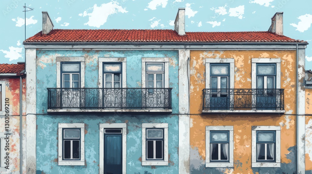 Fototapeta premium Two-story weathered pastel houses with balconies.