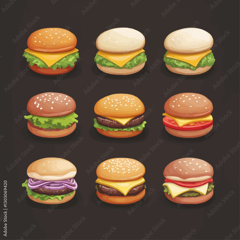 Assorted cartoon burgers with cheese, lettuce, tomato, and onion rings Assorted cartoon burgers with cheese, lettuce, tomato, and onion rings