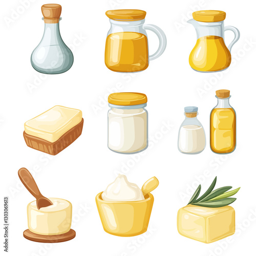 Dairy and Cooking Oil Vector Set for Culinary Illustration, Food Concepts