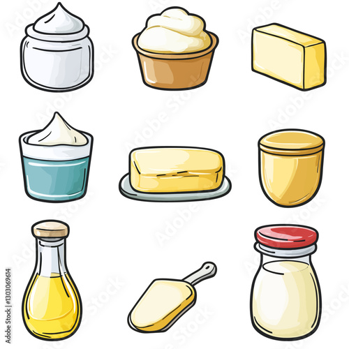 Assorted Dairy Product Illustrations: Butter, Cream, Milk, and Oil