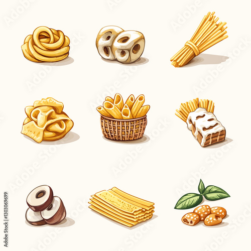 Assorted Pasta Types Collage, Artistic Still Life Food Illustration