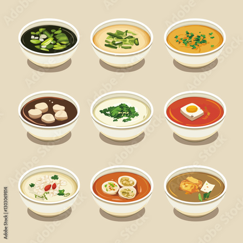 Assorted Soup Bowls, Various Flavors, Culinary Arts, Isometric, Foodie