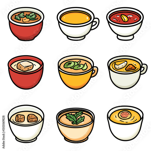 Soup Collection: Assortment of Hot Soups with Garnish in Bowls and Mugs