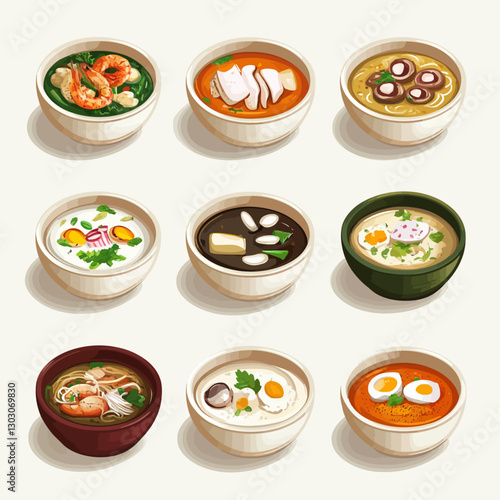 Diverse bowls of Asian soups with eggs, noodles, shrimp and tofu