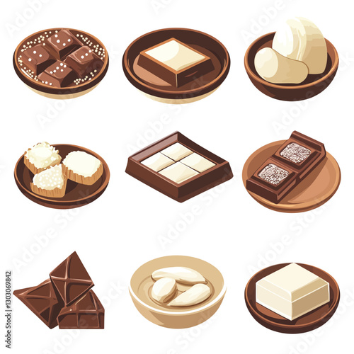 Assorted Sweets: Chocolate, Coconut Candy, and Cream Dessert Selection