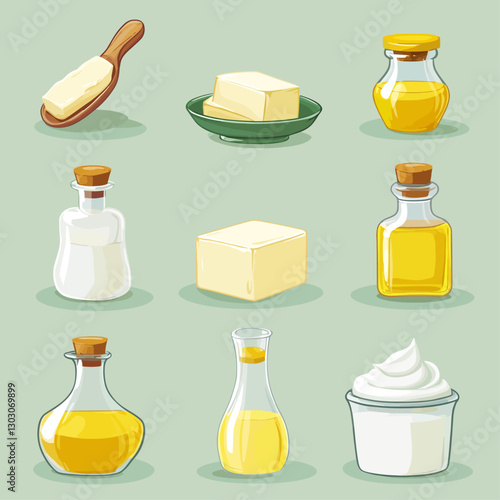 Butter, oil, and cream illustration of cooking ingredients in glassware
