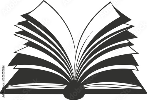 Black and white silhouette of an open book with visible pages.