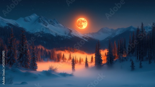 Wallpaper Mural Enchanted Winter Night: A Giant Orange Moon Rises Over Snowy Mountains and a Misty Forest Torontodigital.ca