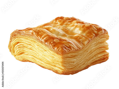 A crisp and golden puff pastry with delicate flaky layers, beautifully presented on a transparent background