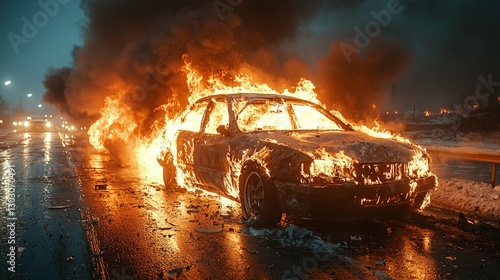 Car engulfed in flames on a wet road at night.