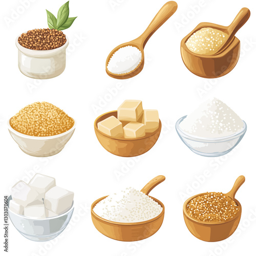 Assortment of Sugar Types in Bowls and Spoons on White Background
