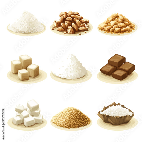 Assorted sugar types including granulated, brown, cubes and more