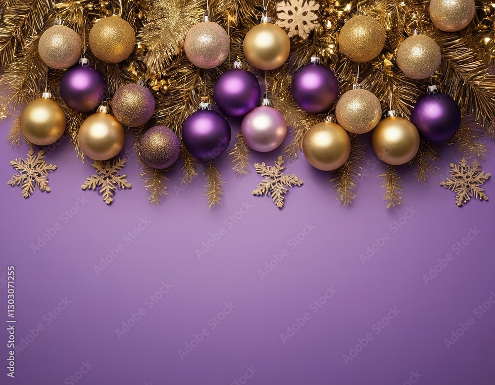 A festive arrangement of gold, purple, and glitter ornaments on a vibrant purple background. A festive arrangement of gold, purple, and glitter ornaments on a vibrant purple background.