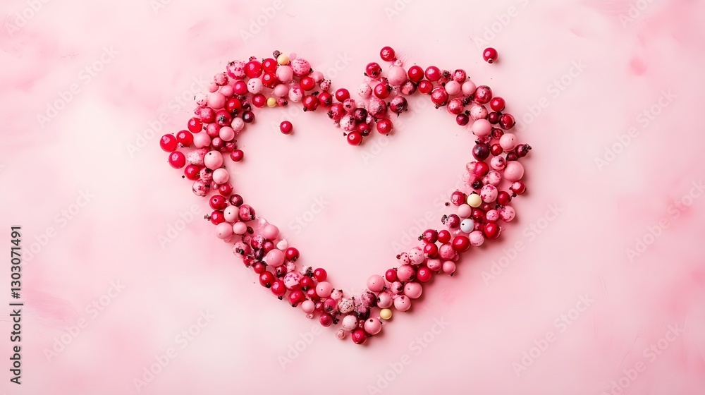 Heart-shaped design with pink and red spheres. Heart-shaped design with pink and red spheres.