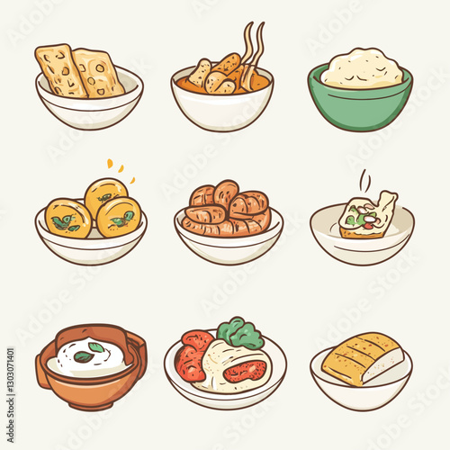 Various Cartoon Bowls Filled with Delicious Assorted Food Selections