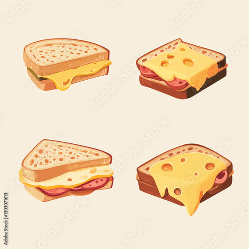 Cartoon Grilled Cheese Sandwich Variations: Melted Cheese and Ham Slices
