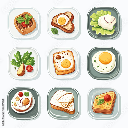 Assorted egg toasts, bread, and vegetable breakfast squares on white