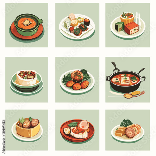 Assortment of Appetizers in Illustration Style on Light Green Background