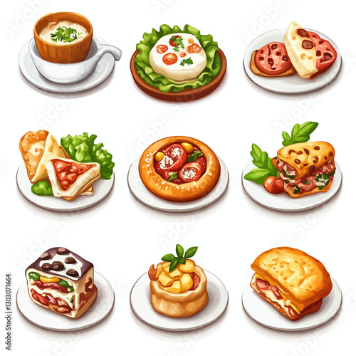 Assortment of Gourmet Dishes on White Plates, Watercolor Style Illustration