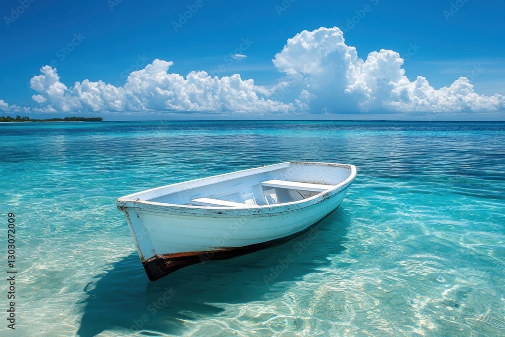 Naklejka premium Calm turquoise waters with a white boat anchored under a bright blue sky