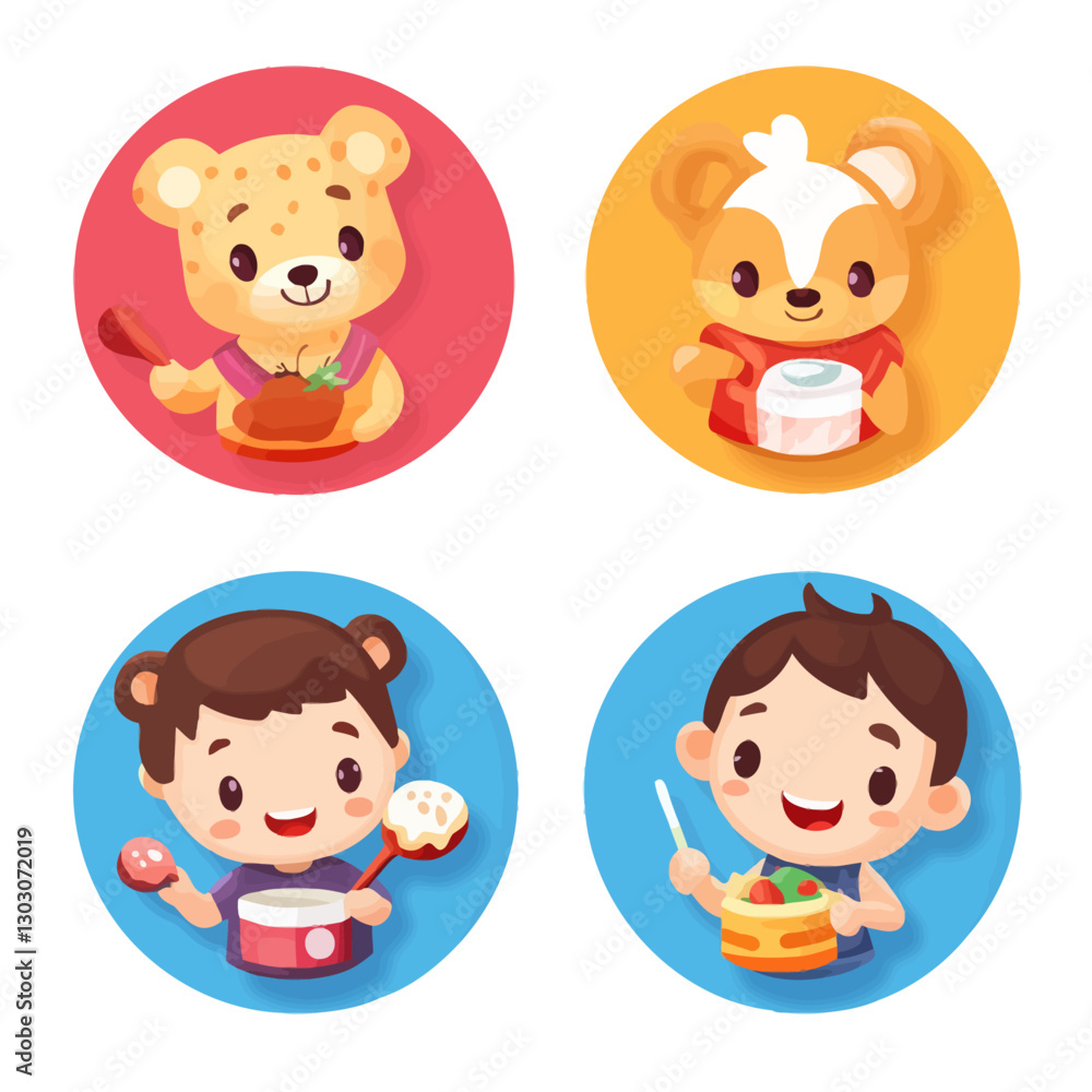 Four cartoon characters in circles, cute animal friends, happy food theme Four cartoon characters in circles, cute animal friends, happy food theme