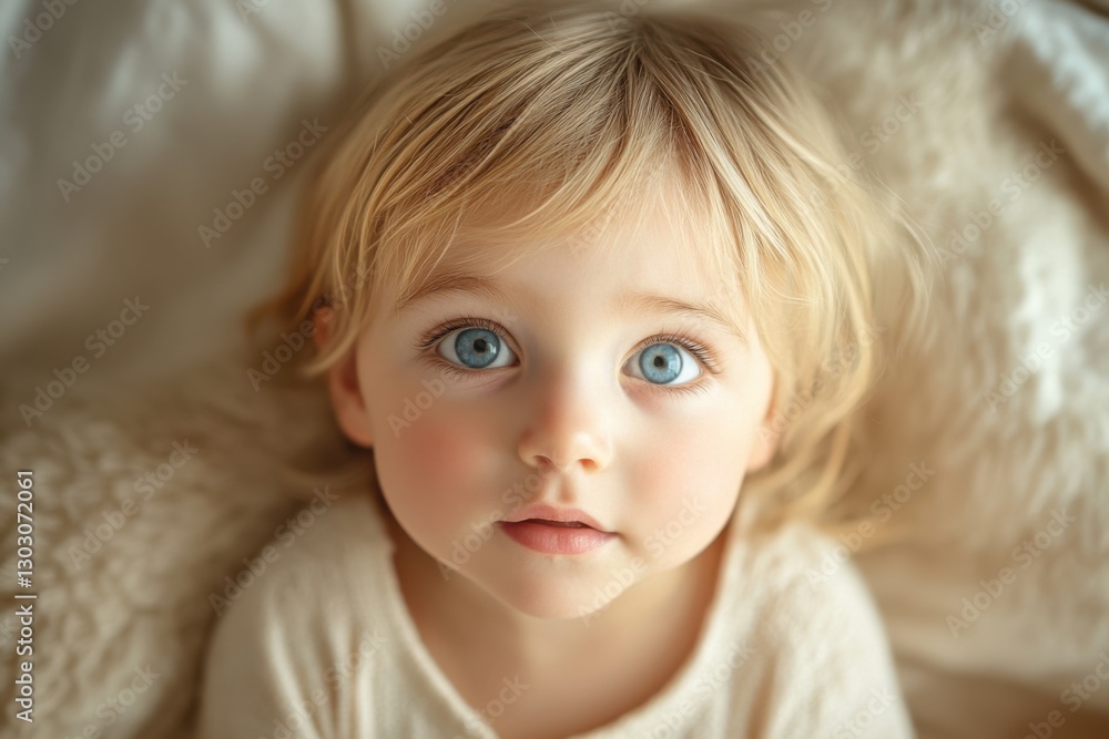 Child with striking blue eyes gazes curiously at the camera while resting on a soft blanket Child with striking blue eyes gazes curiously at the camera while resting on a soft blanket